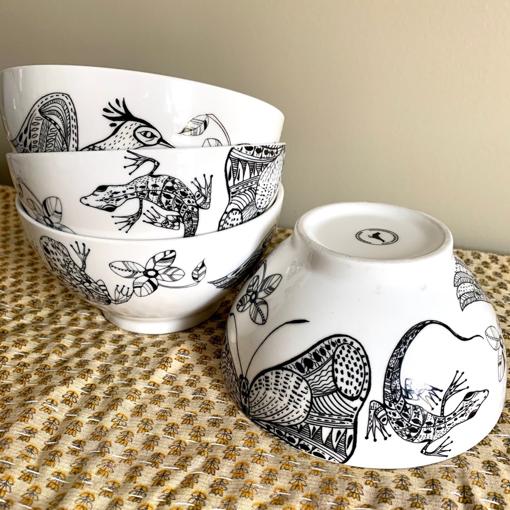 RARE Anthropologie Ink Forest soup bowls, set of four